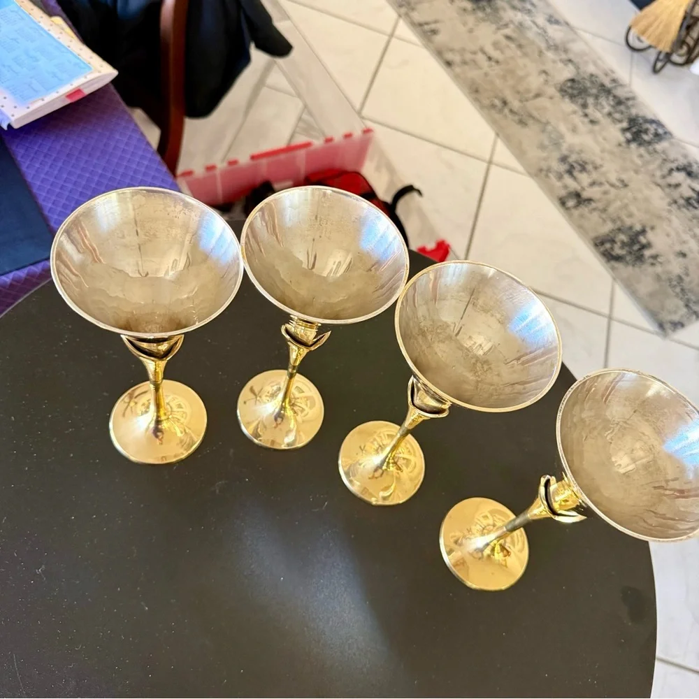 4 Wine goblets Silver Plate, brass stems. Vintage sculptural mid century modern